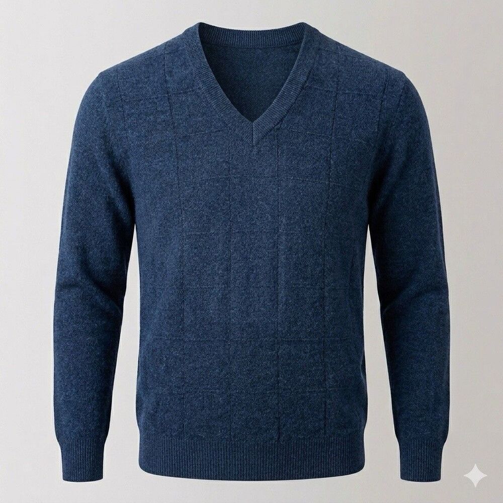 NWT Cashmere Tech V-Neck Sweater Windowpane Blue Men's L XL ERDOS Grandpa Preppy